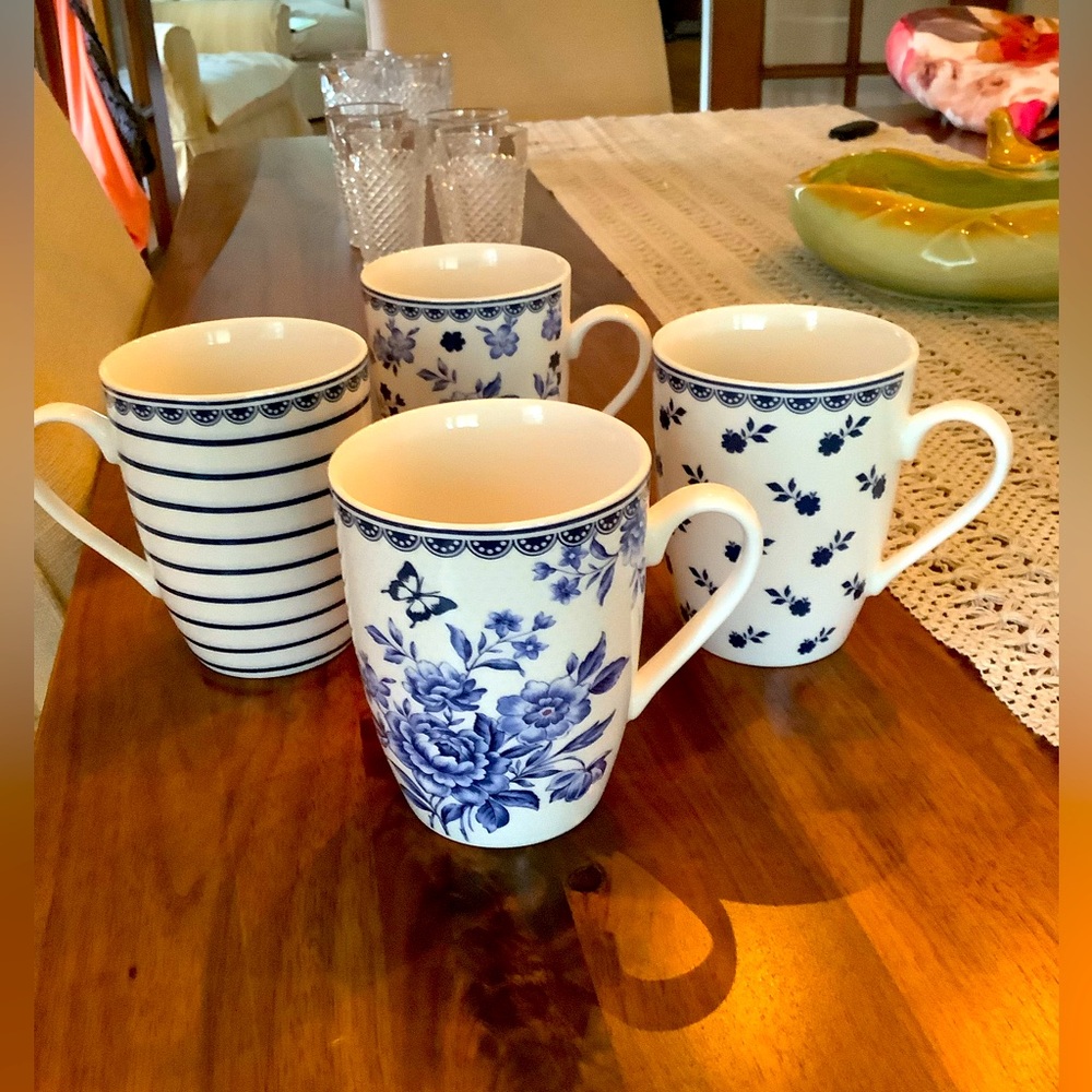 Blue Floral and Stripe Ceramic Mugs - Set of 4
